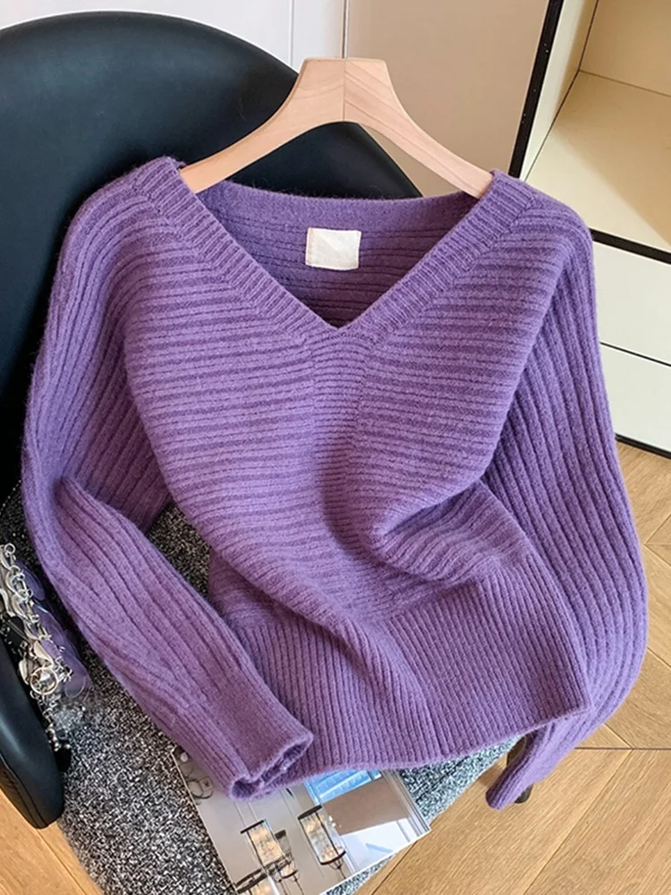 

Модный вязаный свитер с V-образным вырезом, женский, весенний, свободный, стройнящий, базовый, повседневный, удобный, в корейском стиле