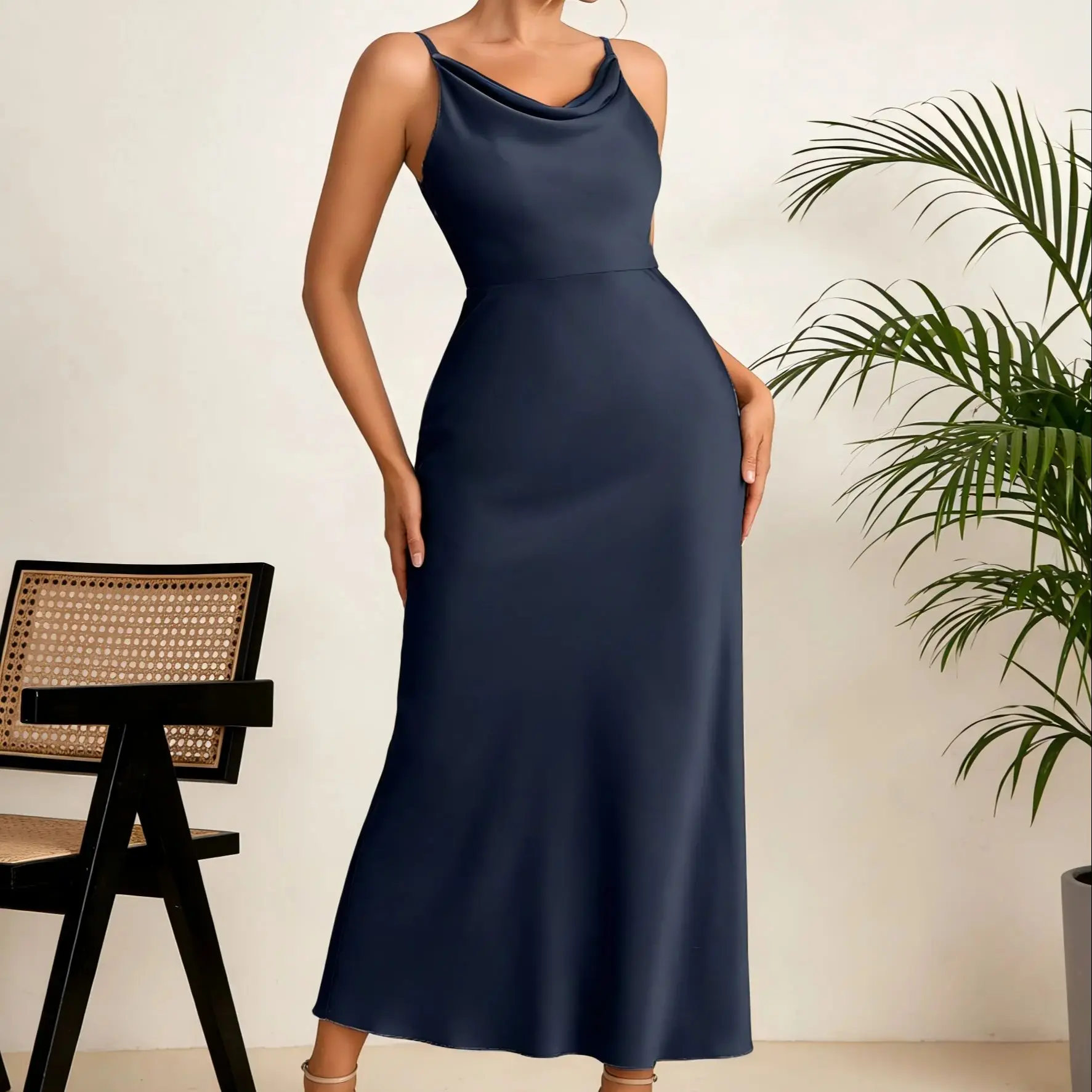 

Midnight Blue Satin Cowl Neck Bridesmaid Dress Wrinkle-Resistant A-Line Skirt Flowy Gown for Wedding Dinner Cocktail Party