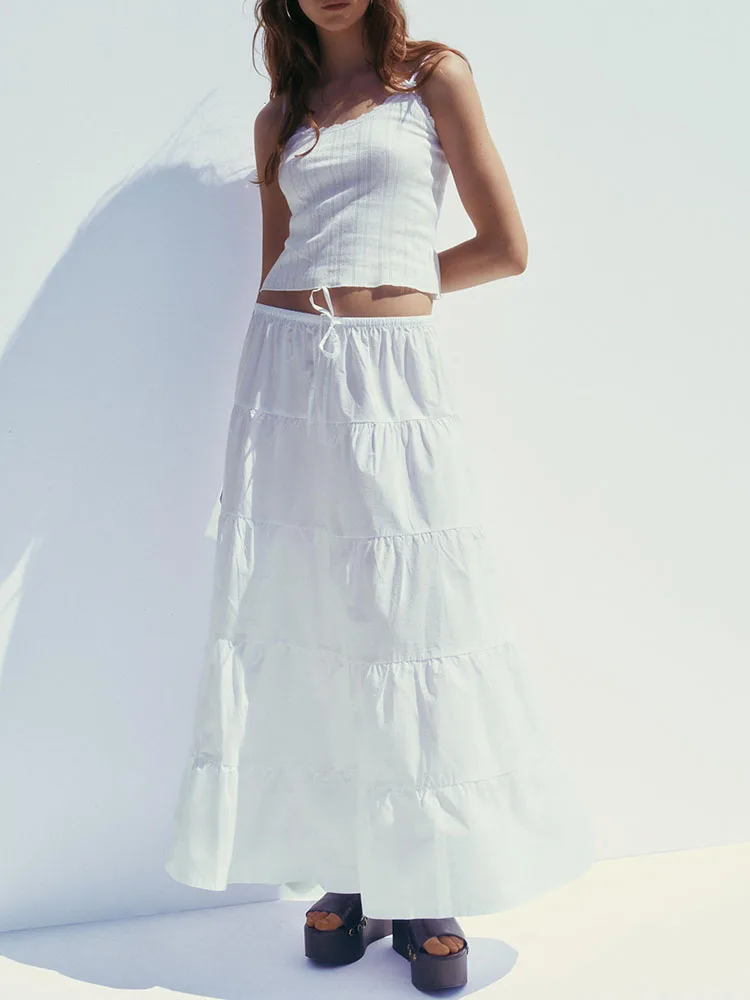 

New Summer Women's Faion Layered Splicing Midi Skirt Ethnic Stage Costume T Top And Skirt Set Trendy Office Wear