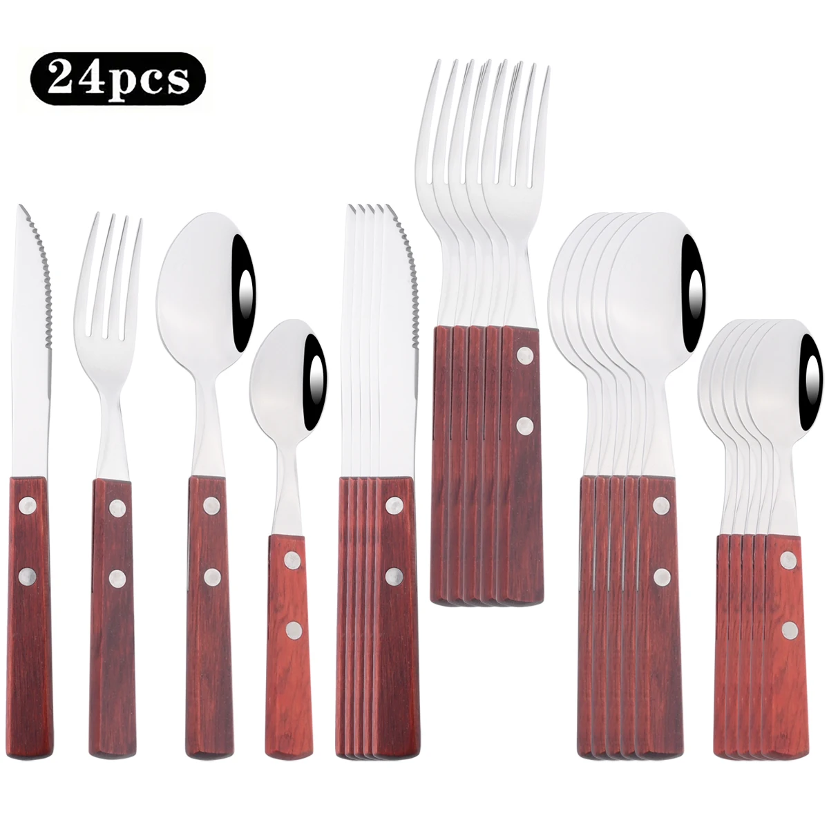 

24pcs Red Wooden Handle Stainless Steel Dinnerware Set Steak Knife Fork Coffee Spoon Tableware Christmas Party Kitchen Flatware