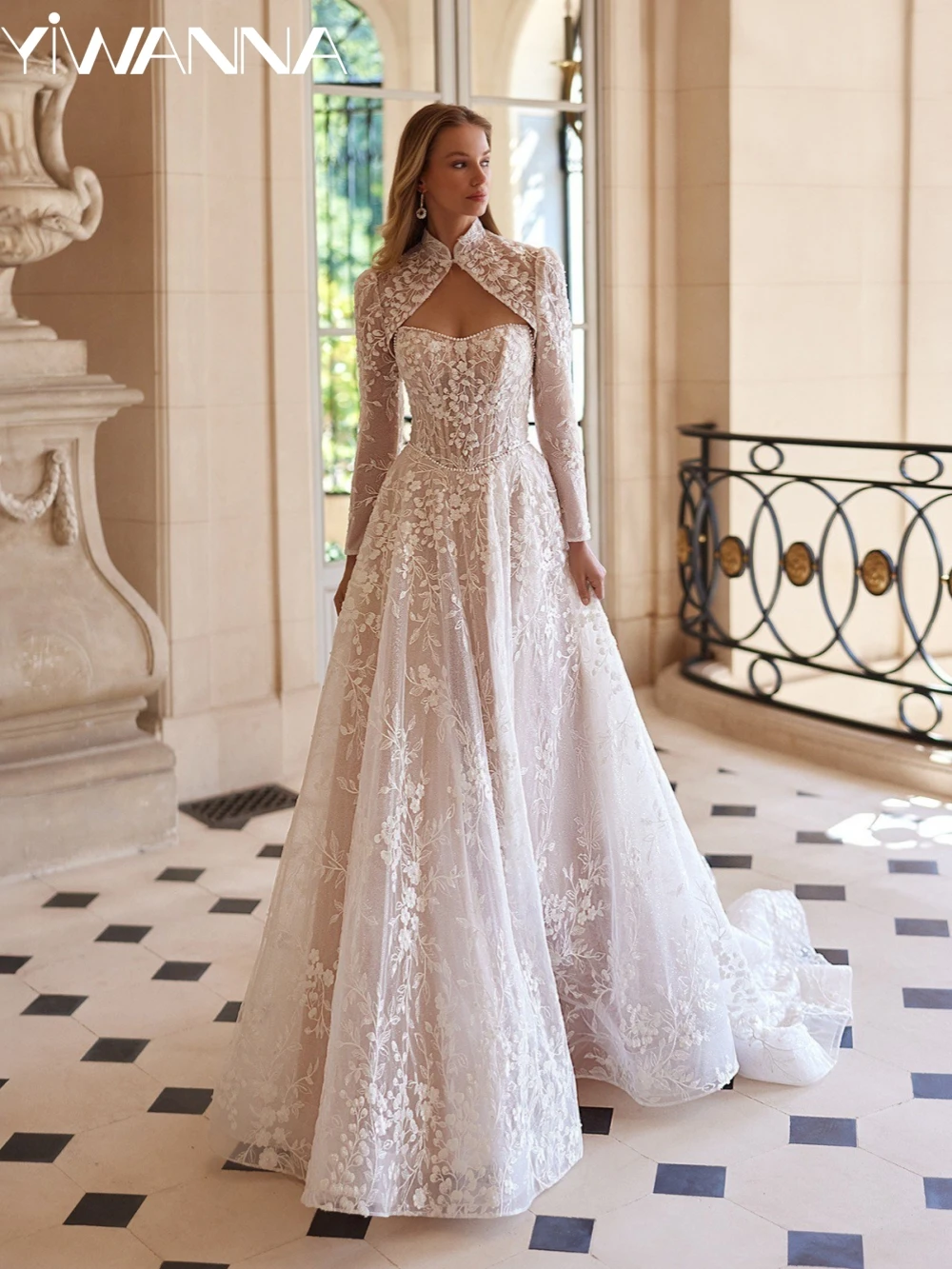 

Glitter Pearls Lace Appliques Wedding Dress With Detachable Train Charming A-line Long Bridal Gown Customized Dresses For Bride