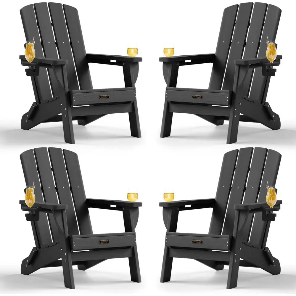 

4-Pack All-Weather HDPE Plastic Adirondack Chairs with Cup Holders for Outdoor Lawn, Patio, or Garden (Black)