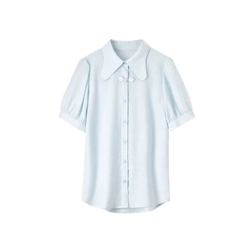 SENTUBILA Blue Short Sleeve Shirt Women Polyester Blend 2025 New Summer Office Casual Wear Turn-Down Collar Blouse W42C54869