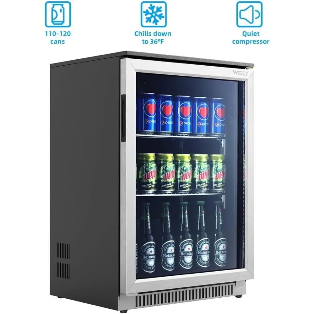 20 Inch Beverage Fridge with Glass Door, 120 Can Mini Fridge with Blue LED Light for Beer, 36-50°F Under Cooler, Auto Defrost