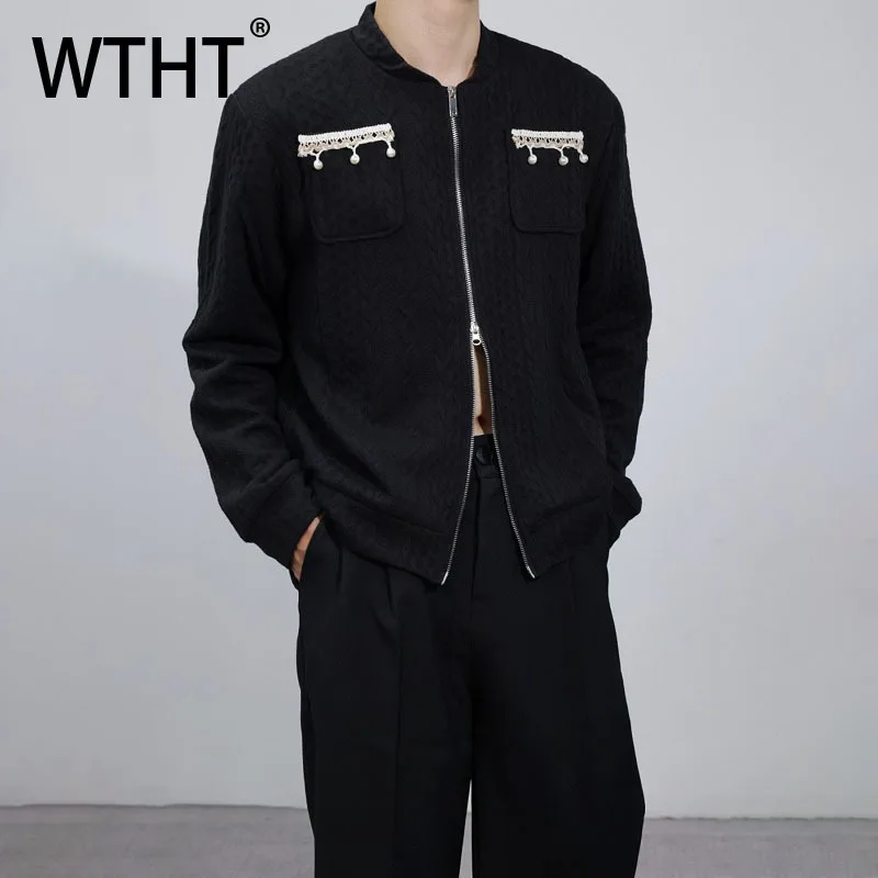 

WTHT модные мужские повседневные пальто со сращенными карманами и бусинами, модные мужские куртки с круглым воротником в корейском стиле, осень 2023, 2A1937