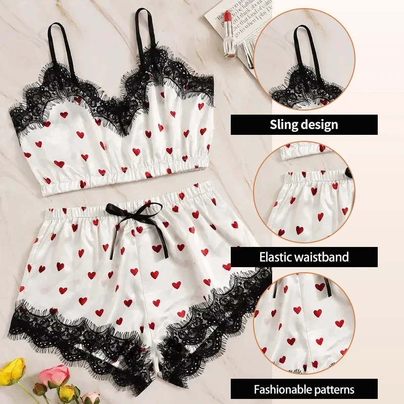 Two Piece Women\'s Sexy White Printed Heart V-Neck Suspender Top and Lace Embellished Shorts Women\'s Sexy Pajama Set