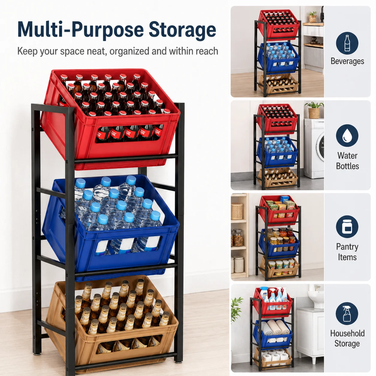 Estante Metálico para Cajas de Bebidas, 3 Cajas, hasta 150 kg, Negro, 47.5x31.5x115 cm, Soporte para Cajas de Bebidas para Cocina y Sótano