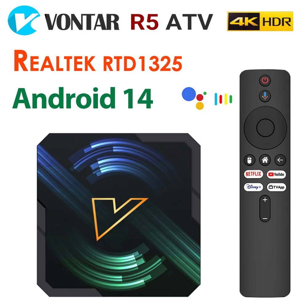 VONTAR R5 ATV Android14 TV Box Realtek1325 CPU مع وحدة معالجة الرسومات A55 Edge AI Mali-G57 تدعم AI-PQ AI-SR HDR10 + Wifi6 TV Box