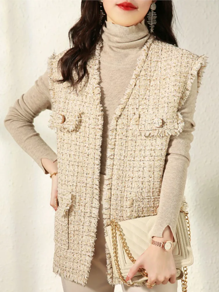 Wool small fragrance vest 2024 spring new fashion white gold sequin tweed vest knit