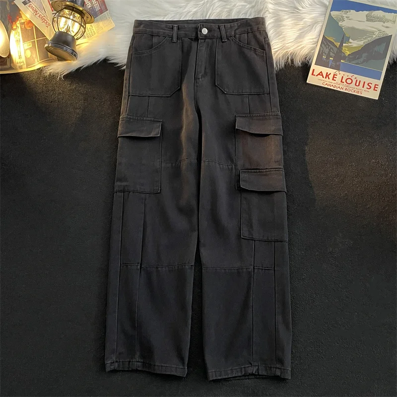 

2024 Male American Style High Street Loose-fit Straight-leg Casual Pants for Men Solid Multi-pocket Cargo Trousers A41