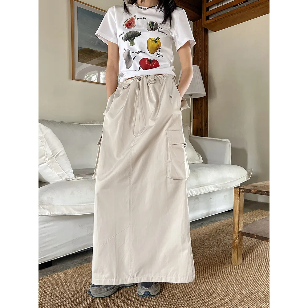 

Coigarsam Women Long Skirt Summer 2024 New Safari Japan Korea Style Casual Solid High Waist Gray Green Black Skirts