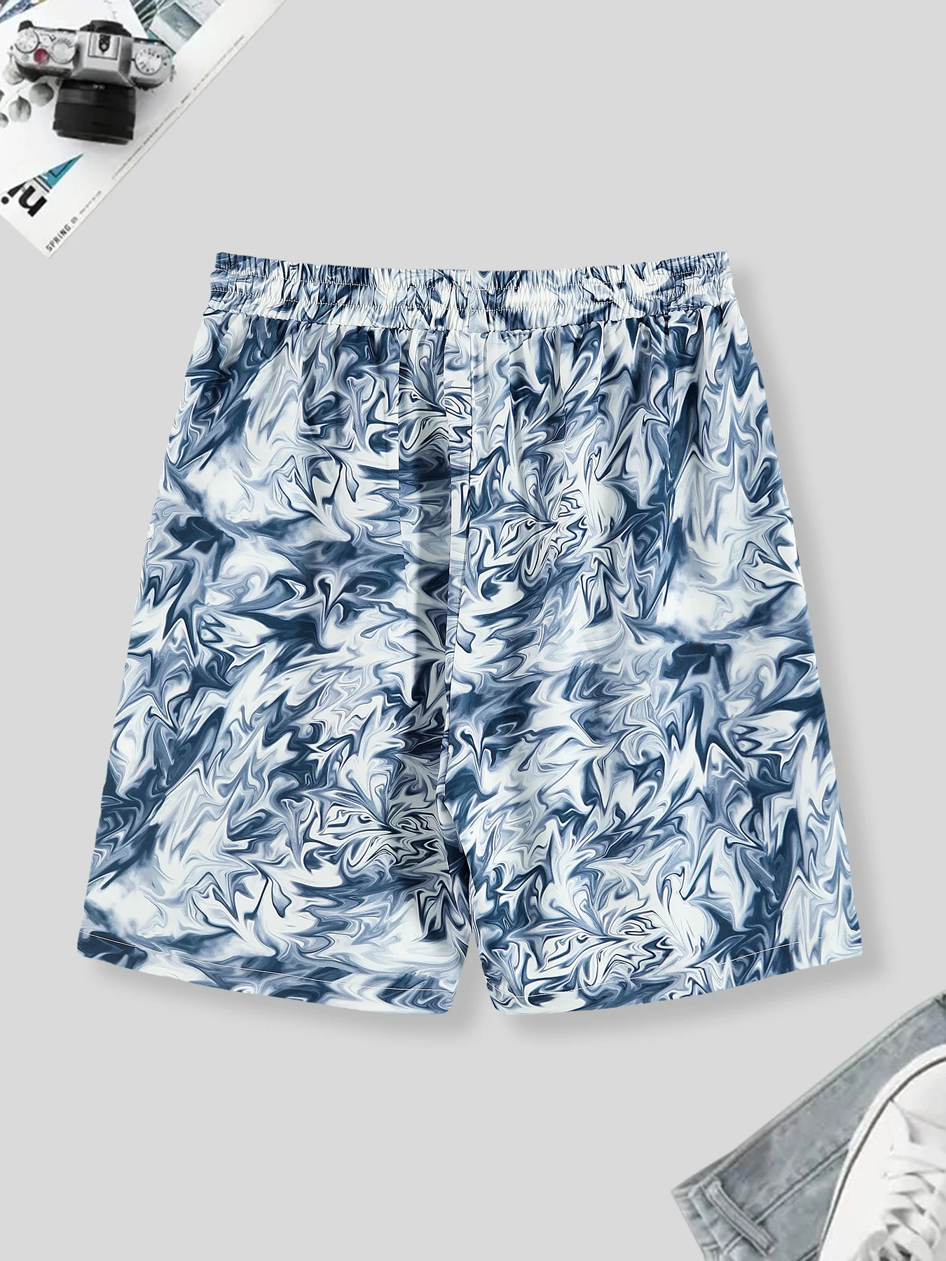 Men's Blue White Tie-Dye Ink Print Drawstring Beach Shorts Summer Quick Dry Casual 5 Inch Shorts