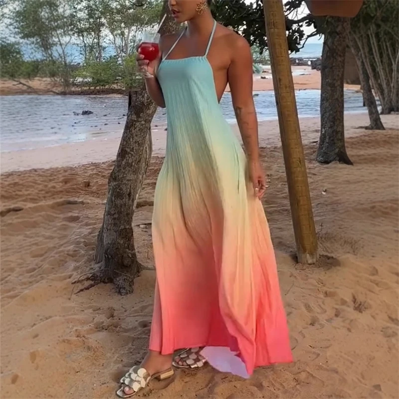 Letnia seksowna sukienka Boho damska bez pleców na szyi koronkowa gradientowa luźna, temperamentna modna sukienka elegancka, luźna sukienka na plażę