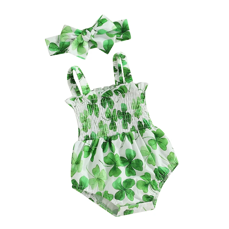 

Baby Girl 2Pcs Spring Outfits Sleeveless Shamrock Print Smocked Romper with Headband Set Infant Clothes