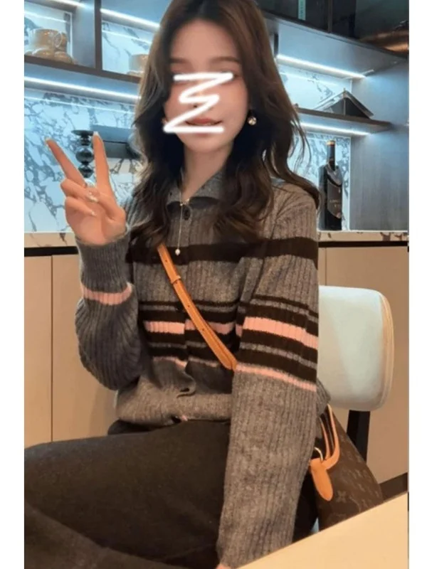 

Korean Sle Loose Striped Knitted Jaet ular This Year Women's New Sweater Unique Super Beautiful Top Warm Winter Long S...