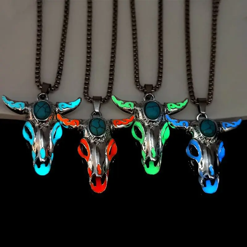 New Hot Selling Turquoise Skull Bull Head Stainless Steel Luminous Necklace Vintage Animal Luminous Pendant Necklace