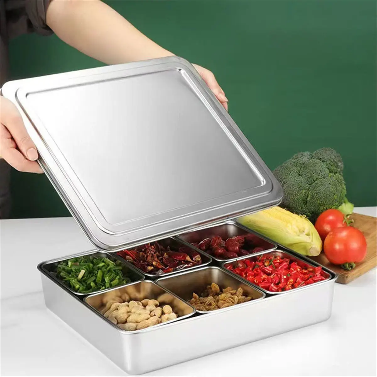 2026 Trend Stainless Steel Seasoning Container with 6 Removable Compartments