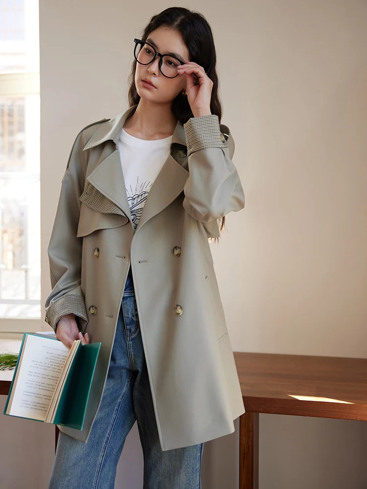 DUSHU Classic Retro doppio petto Trench donna lunghezza una mano colletto rovesciato grigio Color kaki Trench 24 ds81166