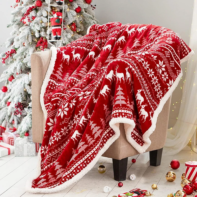 Red Christmas Blankets Holiday Throw Blanket for Couch Bed Soft Christmas Fleece Thick Winter Warm Cozy Flannel Home Decorations