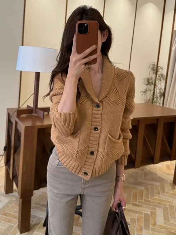 

Свободный корейский вязаный кардиган для женщин, зимний свитер-пальто с вырезами, длинными рукавами, отложным воротником, мягкий, средней толщины
