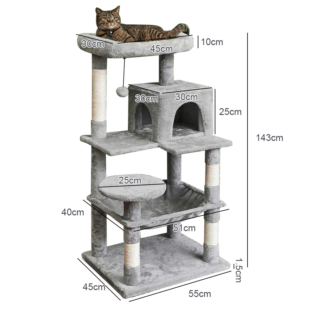 NONE Kratzbaum mit Spielzeug, Katzenturm, Eigentumswohnung für Hauskatzen, Katzenbaumhaus mit Sisal-Kratzbäumen, gemütliche Hängematte aus Plüschbarsch 4