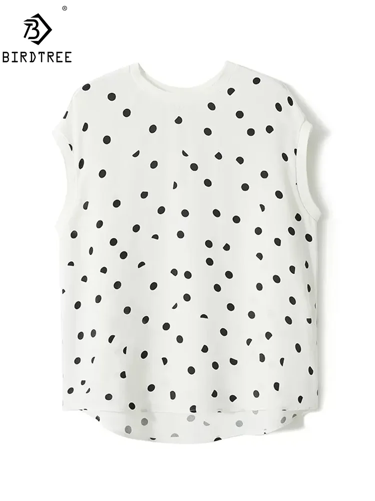 

BirdTree, 100%Mulberry Silk Elegant T-Shirt, Women O Neck Sleeveless Polka Dots, Commute OL Tank Top, 2024 Summer New T45349QM