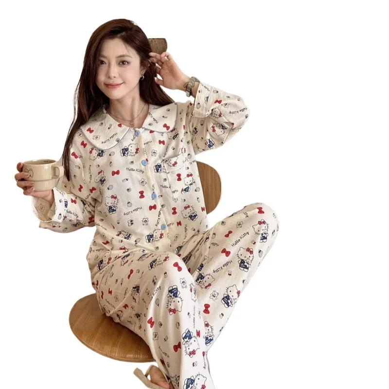 Sanrio Hello Kitty New Autumn Cotton Loose Casual Comfortable Cardigan Women's Pajamas Silk Pajamas Women's Loungewear Set