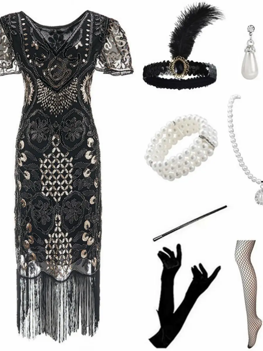 ريترو 920s غاتسبي الترتر الدكتور شرابة مساء الاسمية ort متجنب ثوب iny Cotail ملابس المرأة خمر Faion