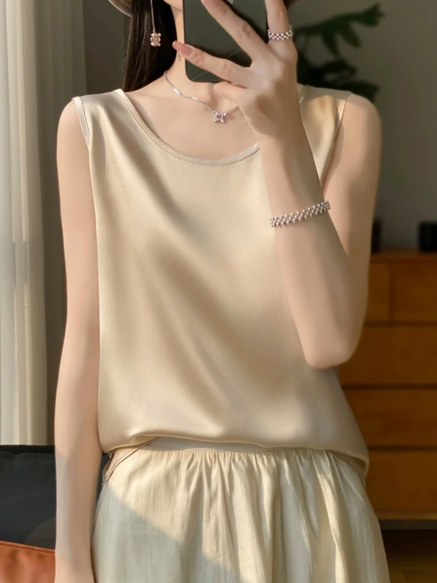 Elegant Silk Satin round Neck Strap Vest Women's Top Asymmetrical Hemline Long Sleeve Pure Color Summer Fashion Item