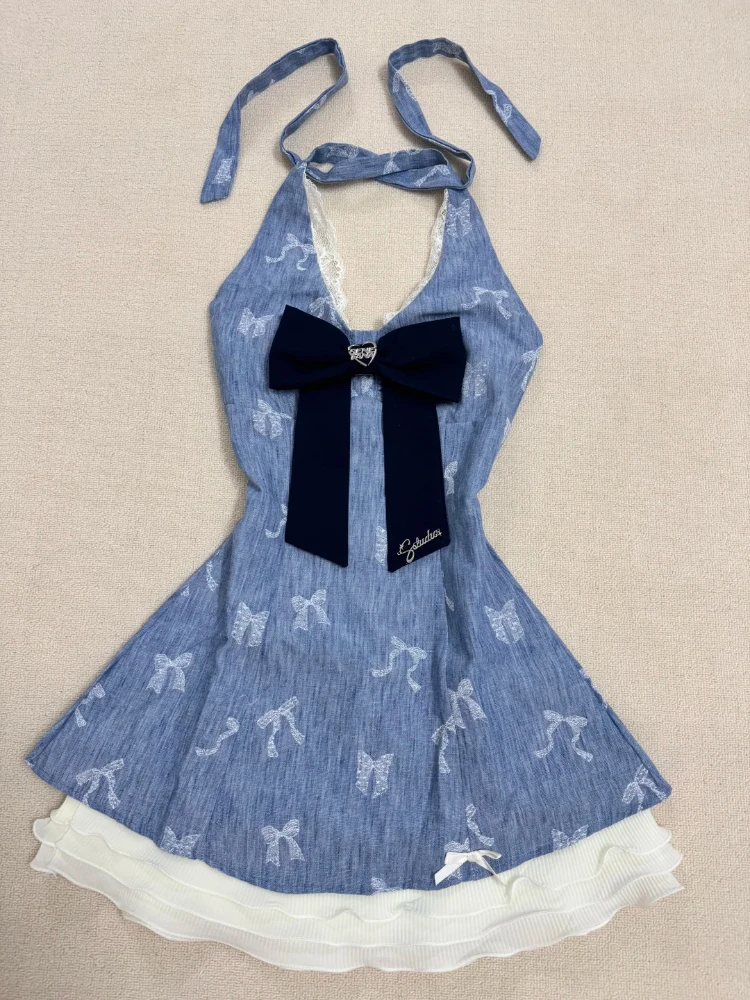 Y2k Ästhetische Retro Süße 2-teiliges Set Frauen Vintage Neckholder Kleid + Langarm Strickjacke Harajuku Chic Koreanische Beliebte Kleidung
