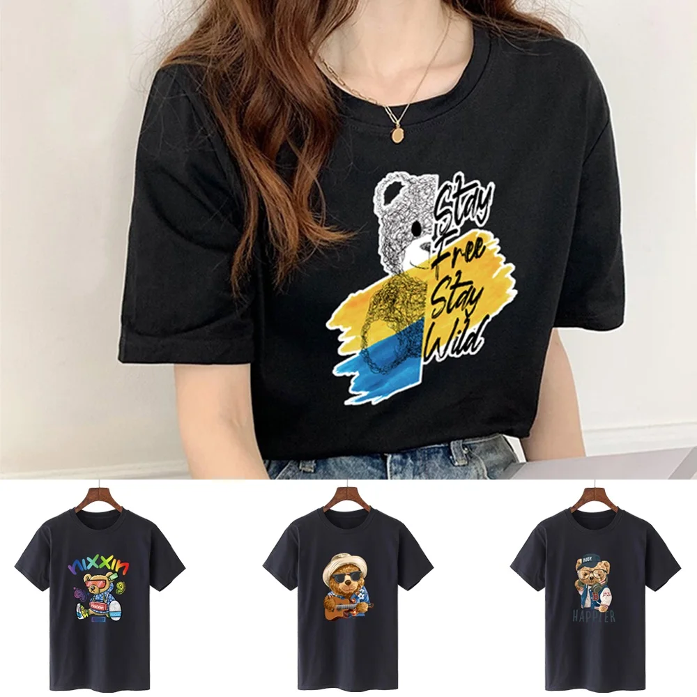 

T-shirt Women 2024 New Summer Round Neck Short Sleeve Tees Bear Print All-match Clothing Shirts Tops Casual Comfortable Tshirts