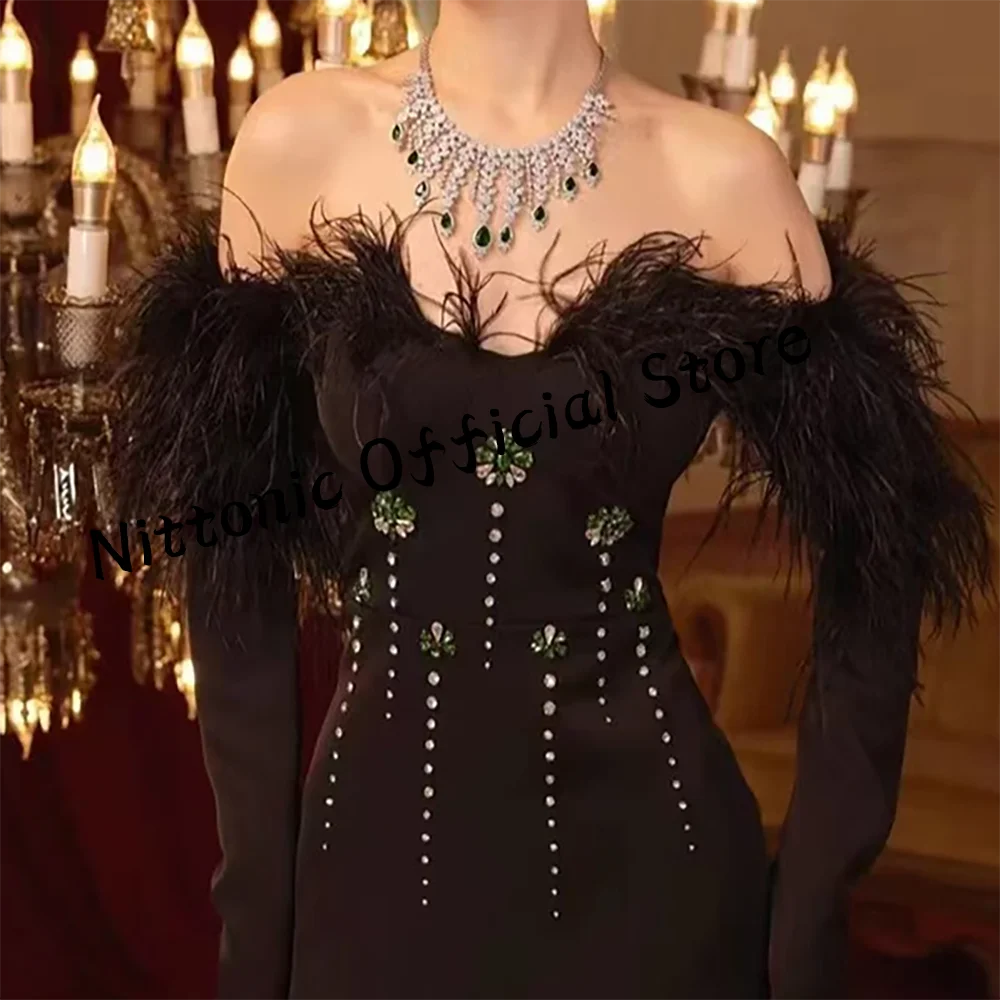 Luxo cetim fora do ombro pena beading em linha reta formal vestidos de noite festa vestidos de baile personalizado