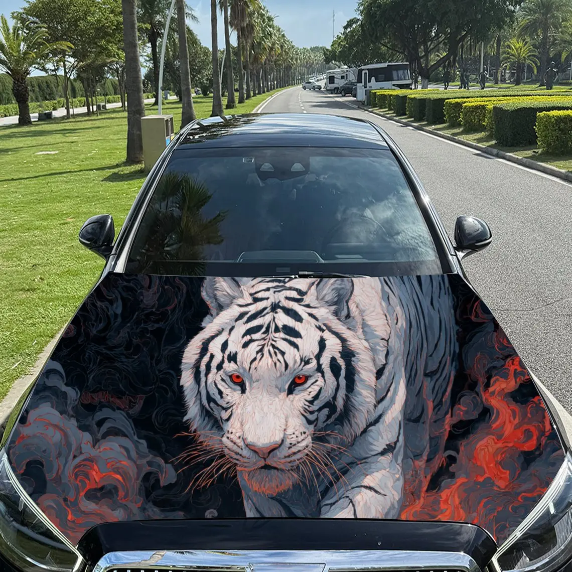 

Stunning White Tiger with Vivid Red Eyes PVC Car Engine Hood Vinyl Wraps, Self-Adhesive Waterproof Car Hood Decal Sticker, Car D