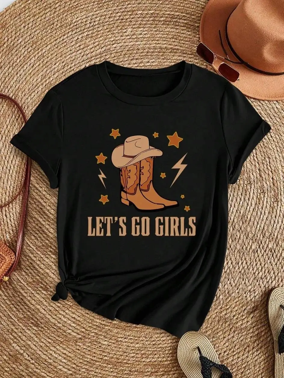 Women T-shirt Round Neck Cowboy Boot Hat Star Letter Print Short Sleeve Regular Fit Western Casual Stylish Women's Clothing