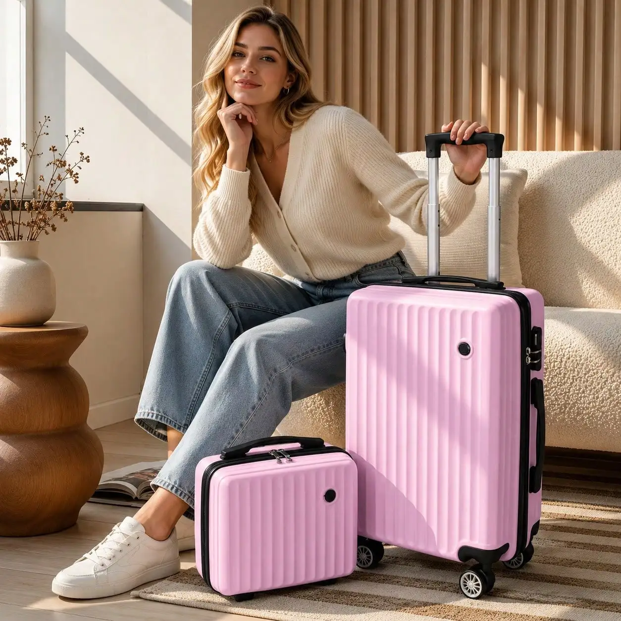 2‑Piece Carry‑On Luggage Set, Hard Shell Suitcase with Matching Vanity Cosmetic Case, Lightweight Hardside Travel Luggage with 360° Spinner Wheels & Telescopic Adjustable Handle, Portable Rolling Trolley Suitcase for Business Vacation Trips
