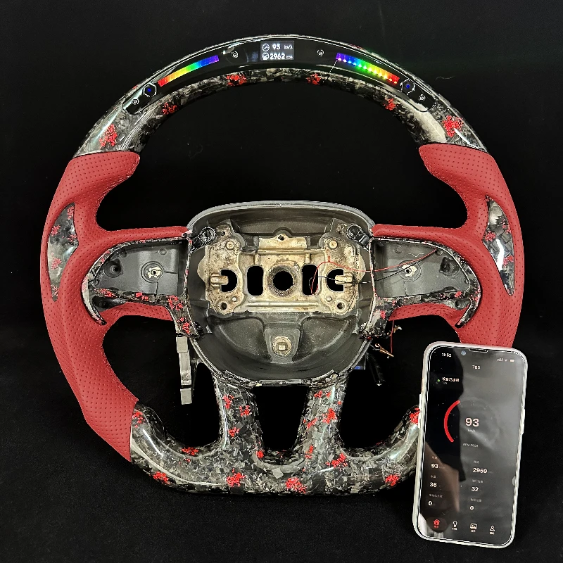 LED RPM display red forged carbon fiber steering wheel for Dodge Challenger Charger Hellcat 2015-2023
