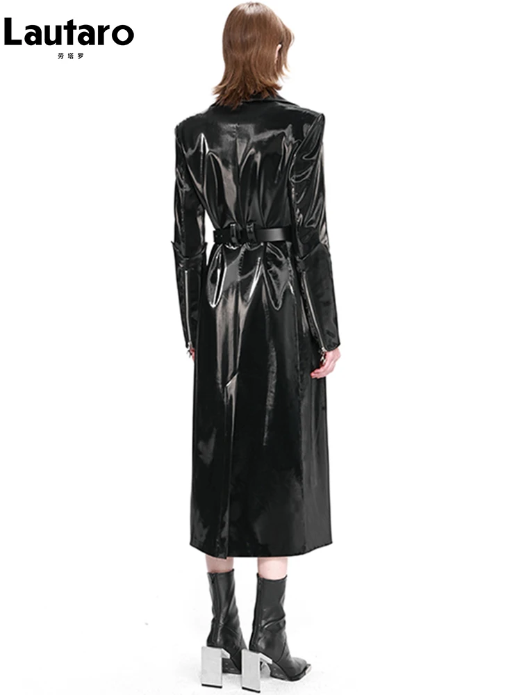 Lautaro Autumn Long Black Waterproof Reflective Patent Leather Trench Coat for Women Belt Double Breasted European Fashion 2022