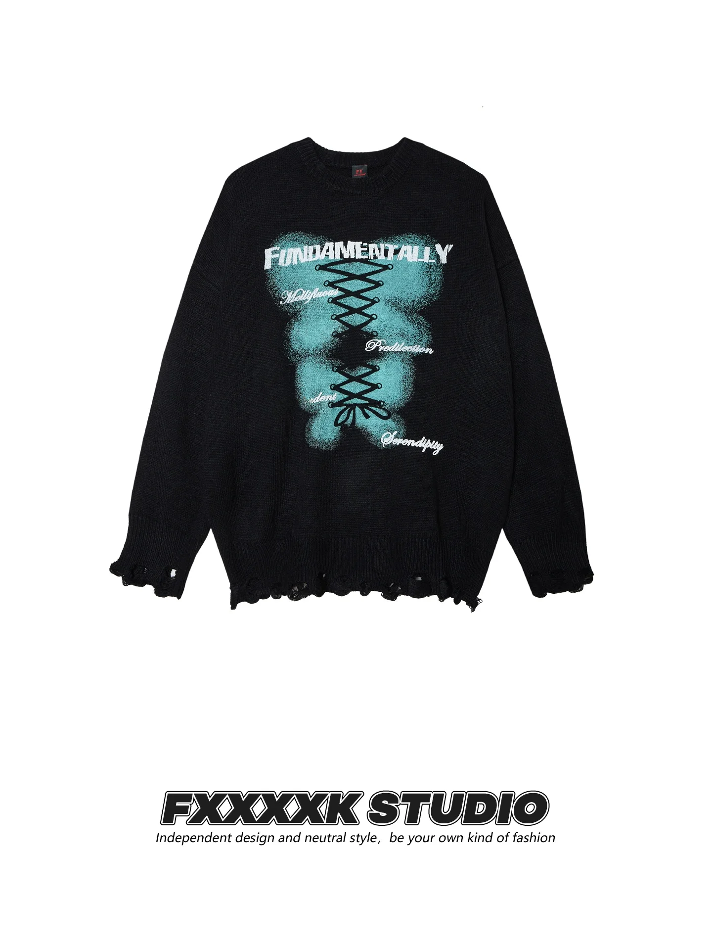 

Original FXK American Retro fiti Letter Print Hole Loose Lazy Sle Couple Knitted Sweater Soft Long Sve rou...