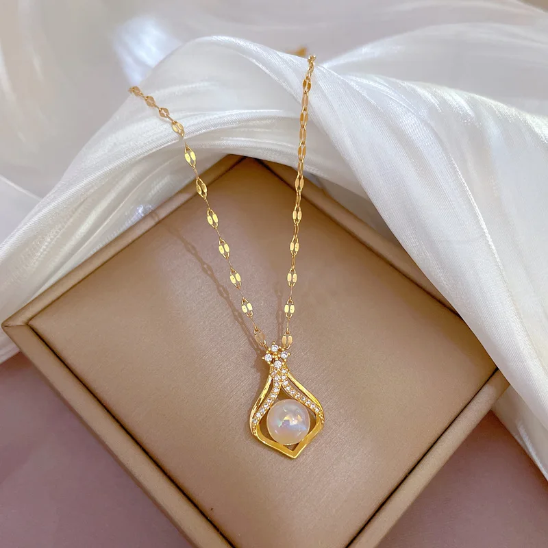 Exquisite Temperament, Elegant Pearl Necklace, Classic Fashion High-end Light Luxury Water Drop Stainless Steel Clavicle Chain