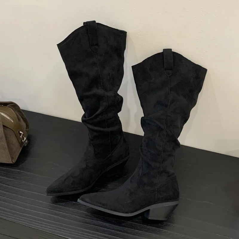 

Aneikeh, зимние модные сапоги до колена, коричневые V-образные туфли в стиле ретро на толстом каблуке, сапоги длиной до рта, женские ковбойские туфли в стиле вестерн с острым носком