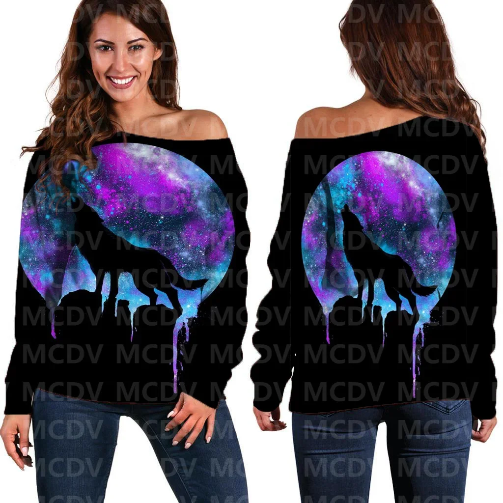 

Women's Off Shoulder Sweater Wolf 3D Printed Women Casual Long Sleeve Sweater Pullover