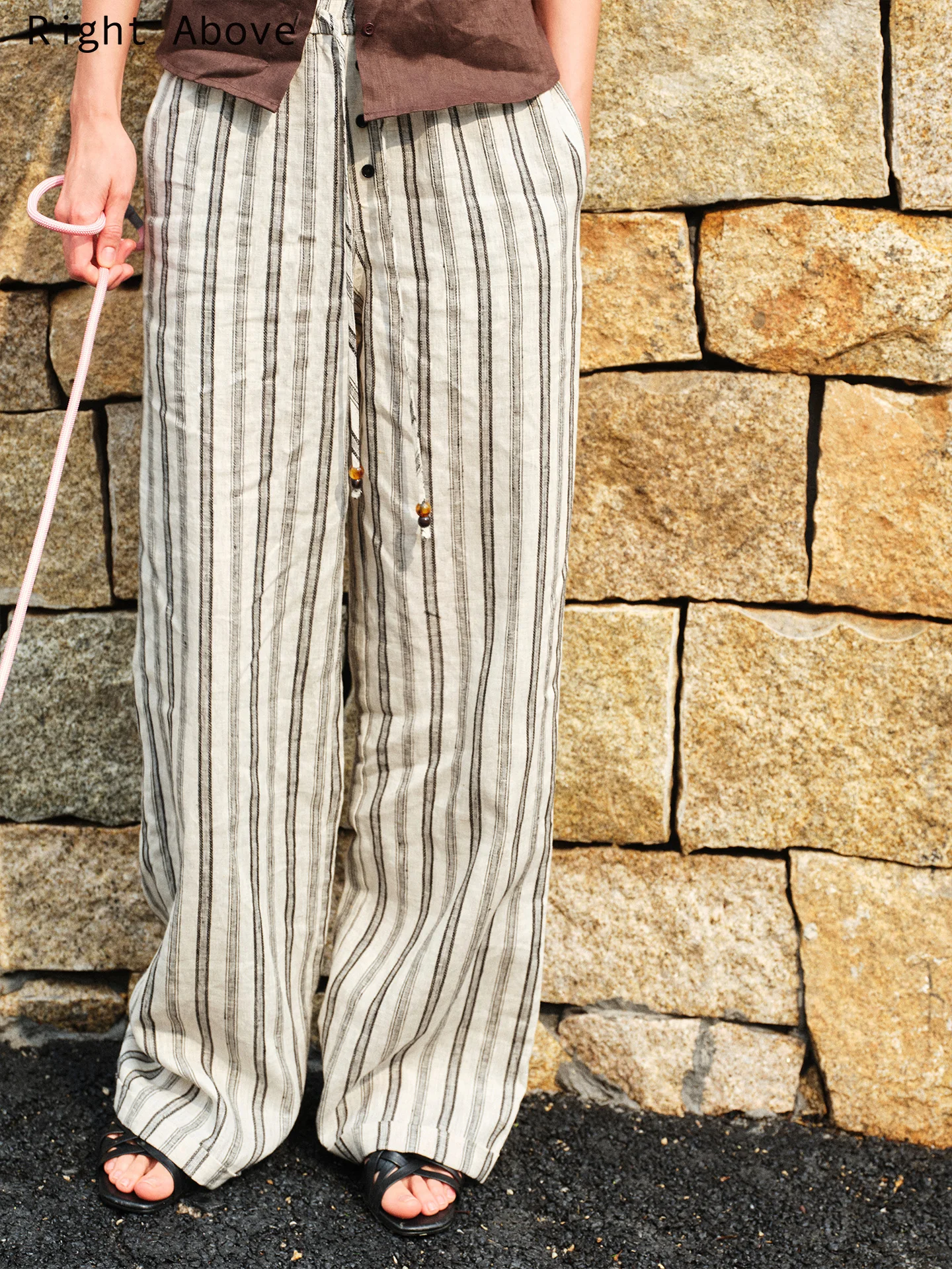 Pantaloni Larghi Estivi in Lino Sottile con Coulisse e Perline, Stile Vintage a Gamba Larga a Righe, Casual da Donna di Right above