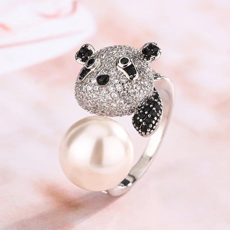 Chinese Elements Style Silver Color Invisible Inlaid Zircon Panda Imitation Pearl Ring Women's Friends Who Love Pandas Ring Gift