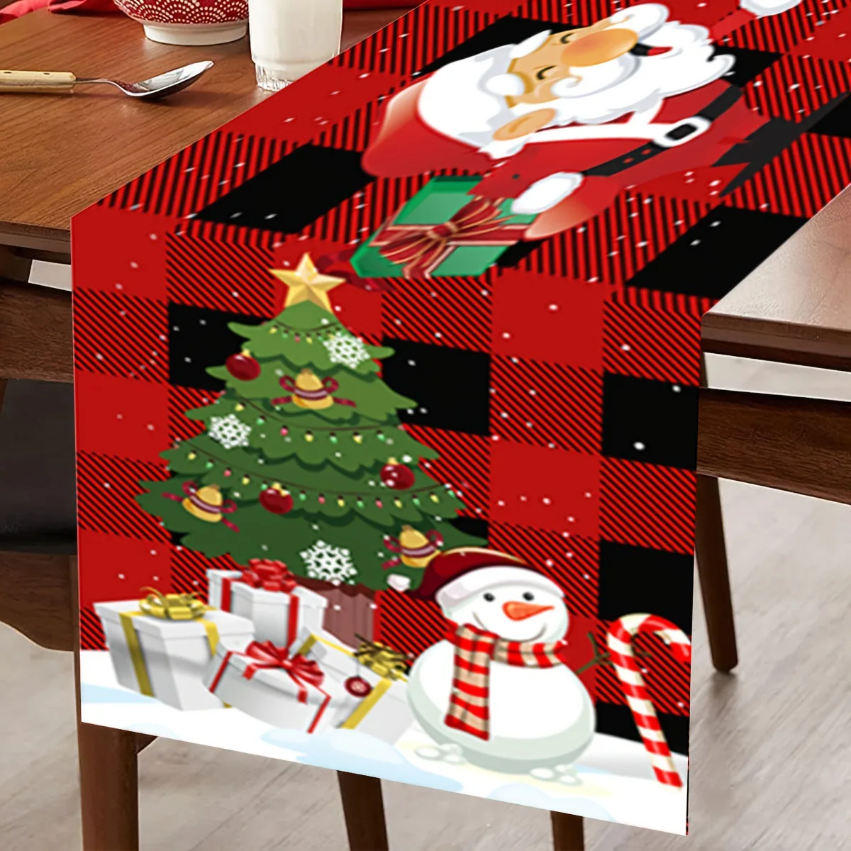 قطعة واحدة من مفرش طاولة عيد الميلاد، نمط متقلب باللونين الأحمر والأسود، مع نص عيد ميلاد سعيد سانتا كلوز، ديكور طاولة احتفالي #3