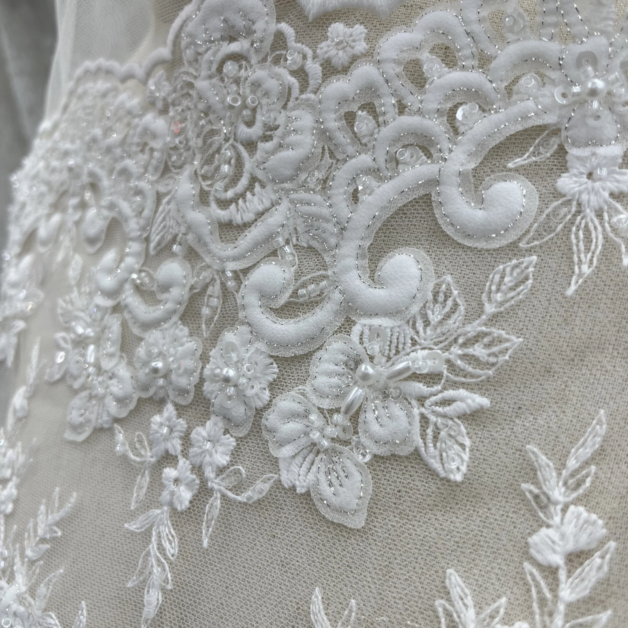 Unique And Exquisite Three-Dimensional Sticker Embroidery Sequin Beads Lace Fabric Wedding Dress Fabric