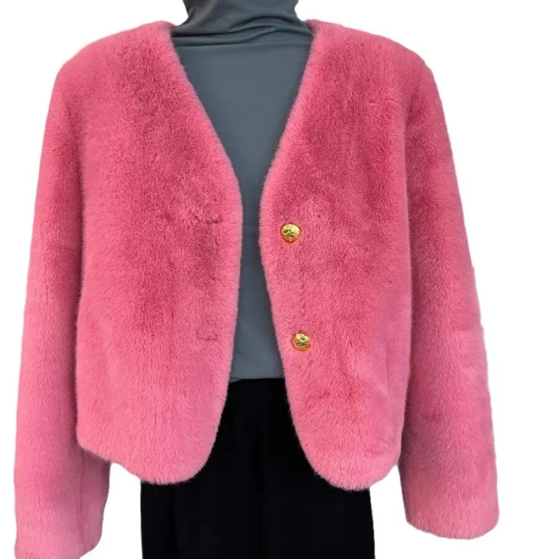 العصرية الخريف الشتاء معطف الفرو المرأة فو الفراء اقتصاص سترة طويلة الأكمام أعلى واحدة الصدر لينة رقيق سترة الخامس الرقبة ملابس خارجية