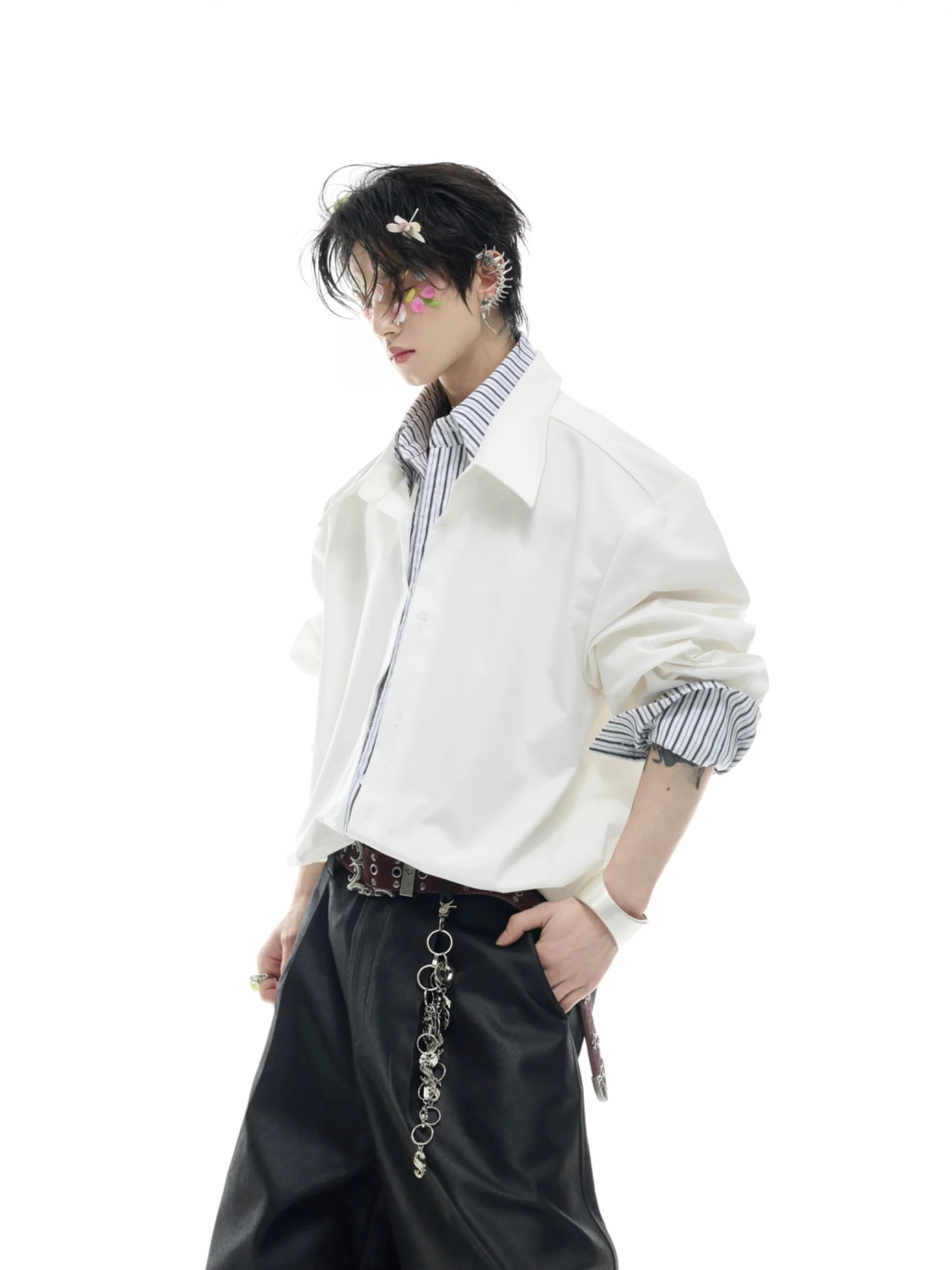 ArguE CulturE Island Love Men's Striped Color Block Shirt Fake Two-Piece Decorative Stitching Breathable Anti-Uv Lightweight