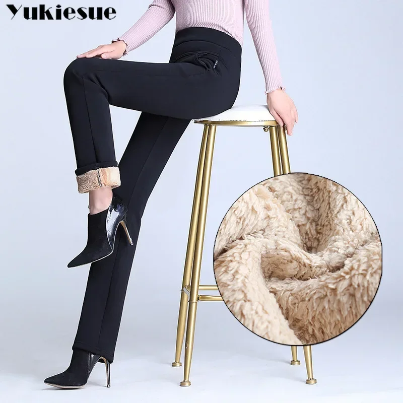 Women Winter fleece Warm Pants Velvet Thick Trousers High Waist Elastic Long Stretch Straight Casual Pants clothes S-4XL