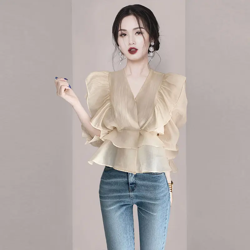 Elegant V-Neck Spliced Irregular Princess Sleeve Ruffles Blouse Women\'s Clothing 2023 Summer New Casual Tops Office Lady Shirt