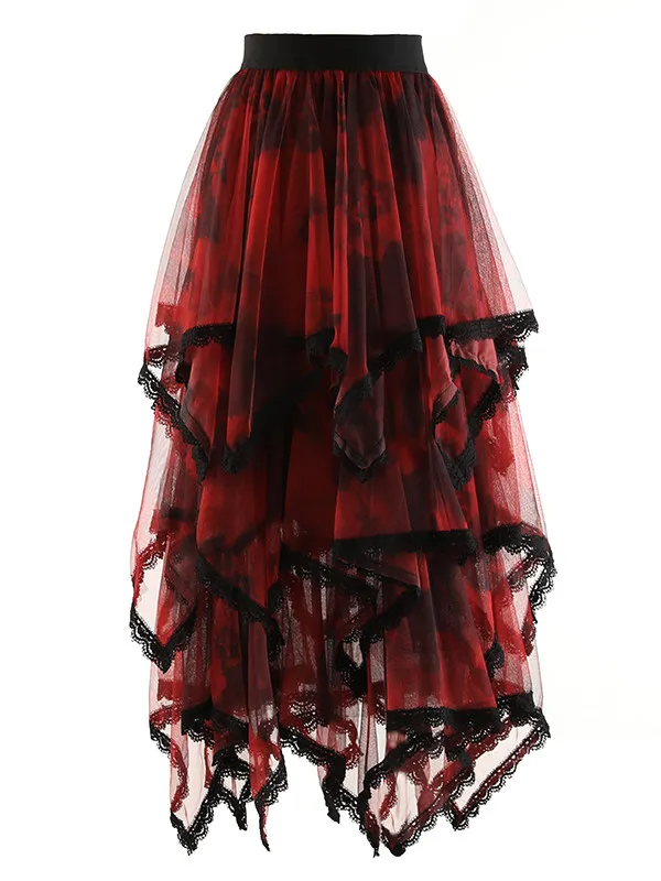 

Новая красная юбка-тортик 2026 года в иностранном стиле с асимметричной сеткой и кружевом, женская, в стиле готика, темная, пышная, с эффектом размытия, для женщин